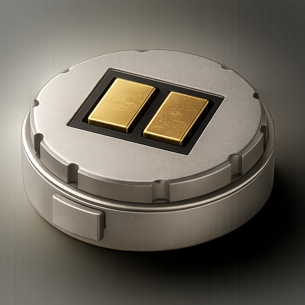 Macro photograph of a sensor puck’s two gold-plated electrode pads seated in a black bezel.