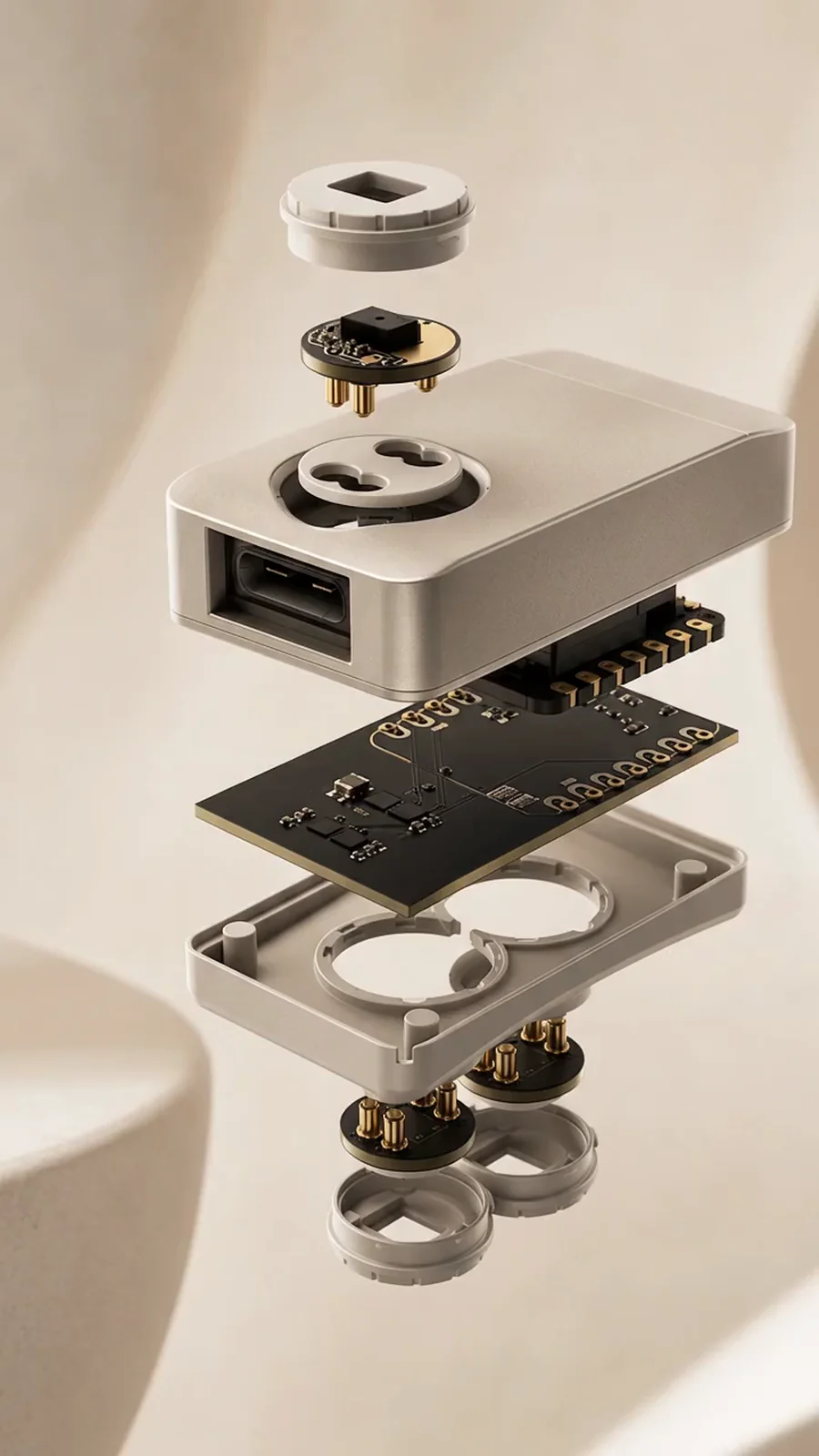 Exploded view of the OpenPulse core: retaining ring, sensor board, metal shell, main PCB, chassis and two further pucks with gold pogo pins.