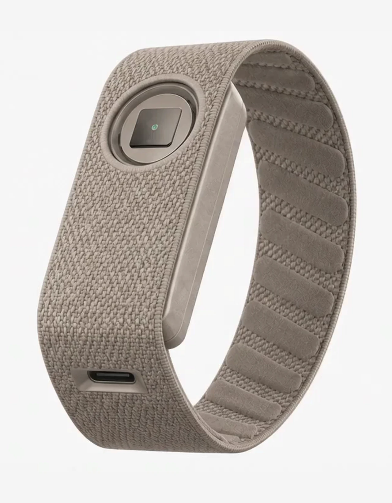 The OpenPulse wearable band: a woven grey strap with a metal sensor module set into it.