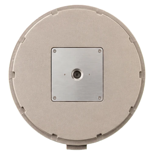 Environment sensor puck: a circular metal housing with a brushed steel plate and a central intake port.