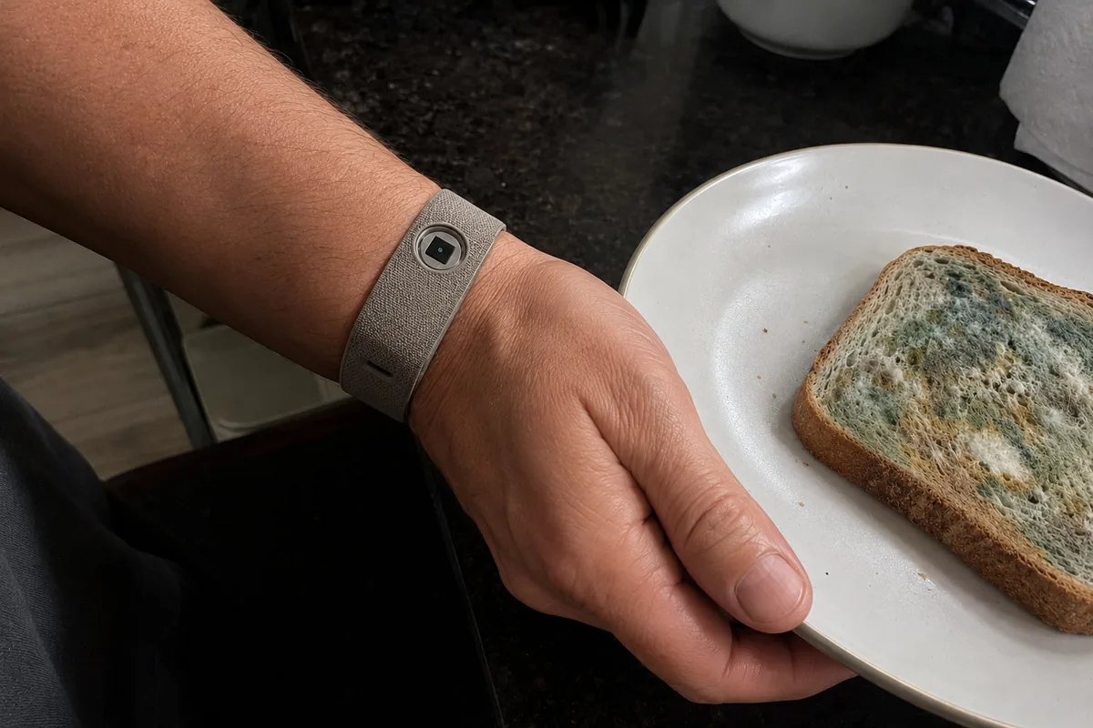 A wrist wearing an OpenPulse band, holding a plate with a slice of mouldy bread.