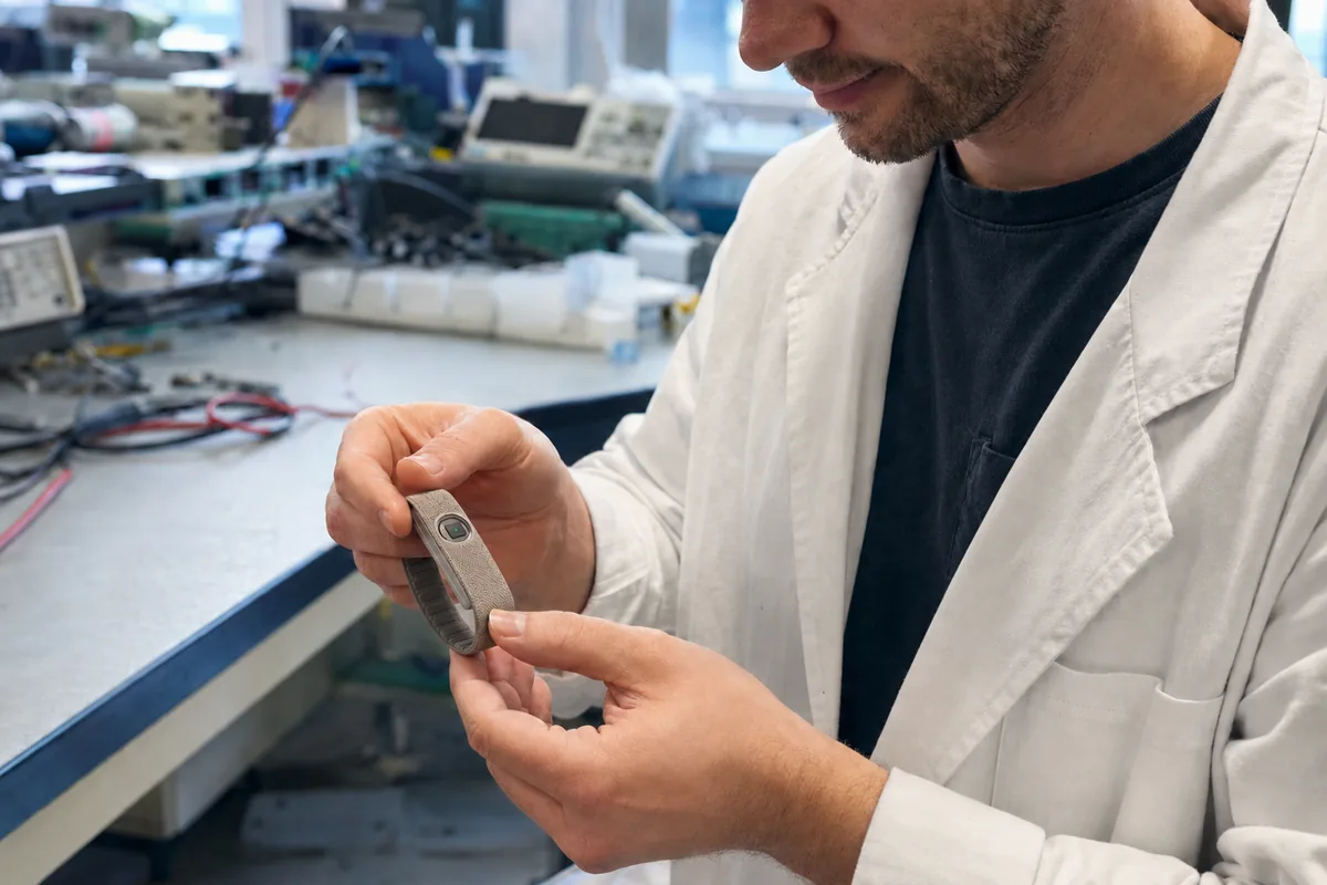 A researcher in a white lab coat inspecting an OpenPulse band at a workbench.