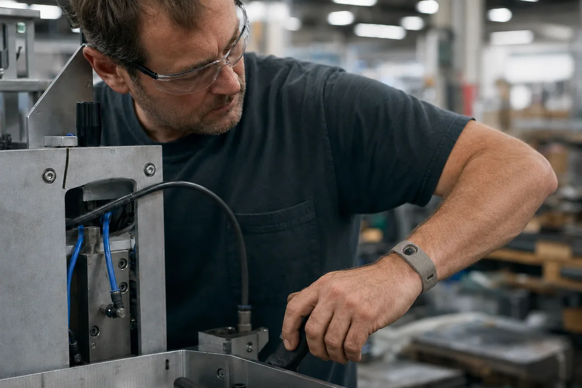 A machinist in safety glasses working at a press, wearing an OpenPulse band on his wrist.